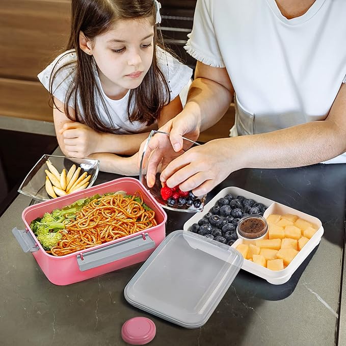 3 Pack Salad Lunch Box Food Storage Containers, 47oz Bento Box To Go Container with Lids, Meal Prep Containers with Removable Tray & Dressing Pots for Kids and Adults, Reusable and Microwave Safe
