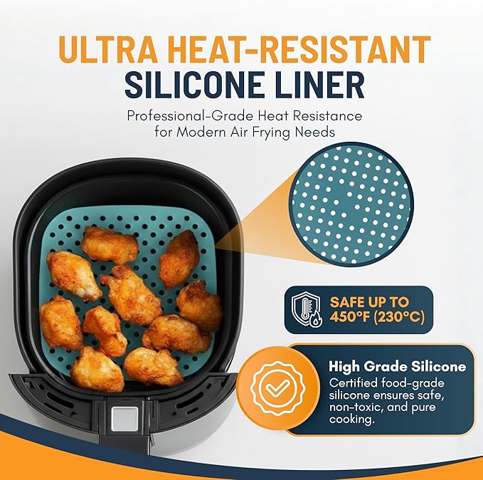 Reusable Square Silicone Air Fryer Liners (8.5 Inch, 3 Pack) by Linda’s Essentials - Non-Stick, Easy-Clean Accessories with Cheat Sheet & Recipe Book, Perfect for Quick Meals