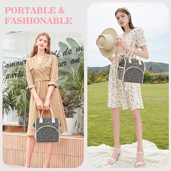 LOKASS Insulated Lunch Bag Women- Reusable 10 L Lunch Box for Women - Leakproof Tote Cooler Bag for Adults Work, Beach, Travel, Picnic （Black Small Florals）