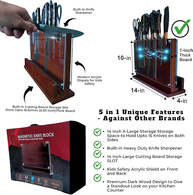 Magnetic Knife Holder Stand 14 x 10 Inches Extra Large Size with Knife Sharpener Wooden Double Sided Magnetic Knife Block Rack for Kitchen Counter with Cutting Board Slot & Acrylic, Sturdy & Durable