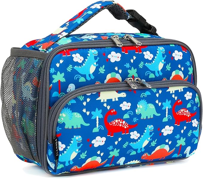 FlowFly Kids Lunch box Insulated Soft Bag Mini Cooer Back to School Thermal Meal Tote Kit for Girls, Boys,Dinosaur