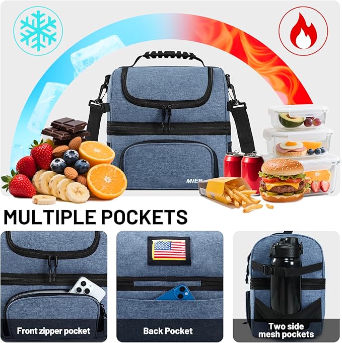MIER Dual Compartment Lunch Bag Tote with Shoulder Strap for Men and Women Insulated Leakproof Cooler Bag, Bluesteel