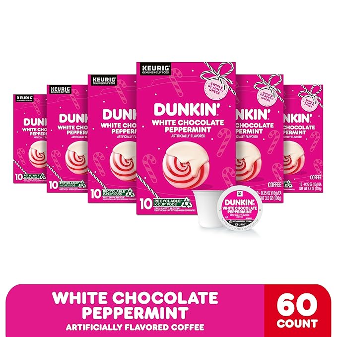 Dunkin’ White Chocolate Peppermint Artificially Flavored Coffee, K-Cup Pods, 60 Ct.