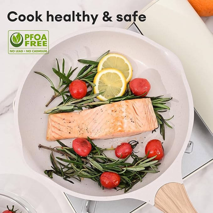 JEETEE 11 Inch Nonstick Frying Pan, Stone Coating Cookware, Nonstick Omelette Pan with Heat-Resistant Handle, Compatible with All Stoves (Beige)