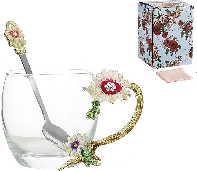 Handicraft Crystal Glass 3D Flower Cups Tea Mug With Tea Spoon Women Coffee, Tea, Juice, Beer, Milk Hot And Cold Drinks Use Gift Package. (Chrysanthemum, 11 OZ)