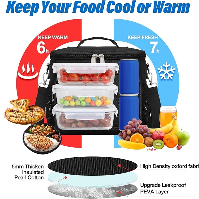Macadamla Weinas Lunch bag for Women/Men,Reusable Lunch Box Leakproof Cooler Bag for Adult,Collapsible Lunch Bag with Adjustable Shoulder Strap for Work Office Picnic Beach Black