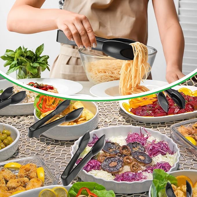 Patelai 6 Inch Utility Tong Plastic Serving Tongs Bulk Scalloped Serving Utensils Charcuterie Accessories Heavy Duty Tongs for Cooking Appetizers Food Catering Dinner Party(Black,12 Pcs)