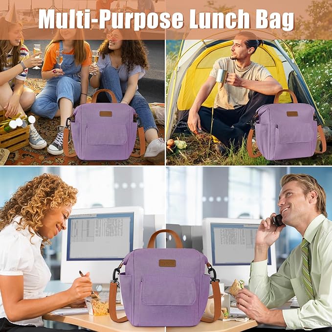 Joymee Lunch Bag Women Insulated Lunch Box Reusable Leakproof Large Spacious Cooler Tote for Women Men Adult with Bottle Holder and Side Pockets for Work Office Travel Picnic -08 Purple