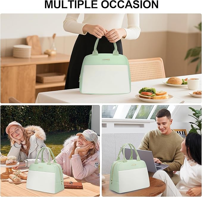 LOKASS Lunch Bag for Women-Insulated Adults Lunch Box with Front Pocket- Small Cute Lunch Tote for Work-Reusable Cooler Bag for Office Picnic Beach or Travel (Light Green)