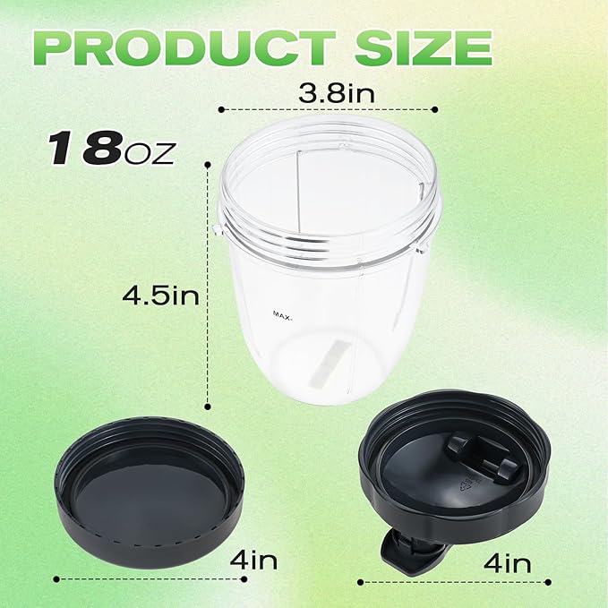 Blender Cups Replacement for Nutribullet Blender 18oz Cups with Flat Lid and Flip Top To Go Lid, Compatible with Nutribullet 600W/ 900W Blenders (2 Pack)