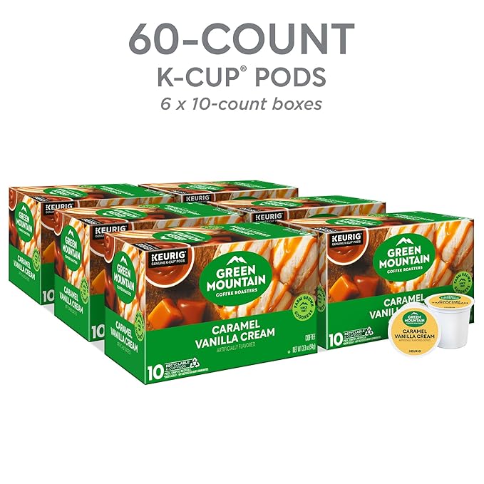 Green Mountain Coffee Roasters Caramel Vanilla Cream, Keurig Single Serve K-Cup Pods, Light Roast Coffee, 60 Count, (6 Packs of 10)