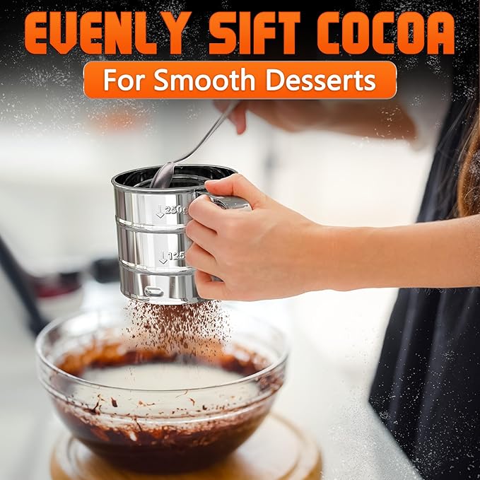 Flour Sifter for Baking – 3 Cup Flour Sifter Stainless Steel with Dual-Blade, Ergonomic Handle, Reinforced Base, Rust-Resistant and Easy to Wash – For Powdered Sugar, Cocoa, and Daily Baking Tasks