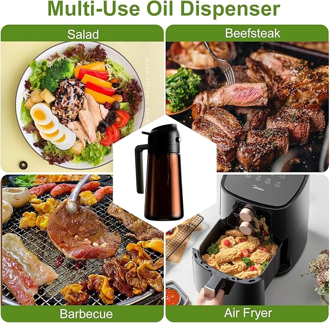 Oil Sprayer for Cooking, 16oz Glass Olive Oil Dispenser Bottle for Kitchen Gadgets, 2 in 1 Spray and Pour Dark Brown Bottle with Stickers for Air Fryer, Salad