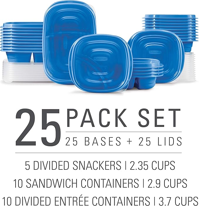 Rubbermaid 50-Piece Food Storage Containers with Lids for Lunch, Meal Prep, and Leftovers, Dishwasher Safe, Set of 25, Marine Blue