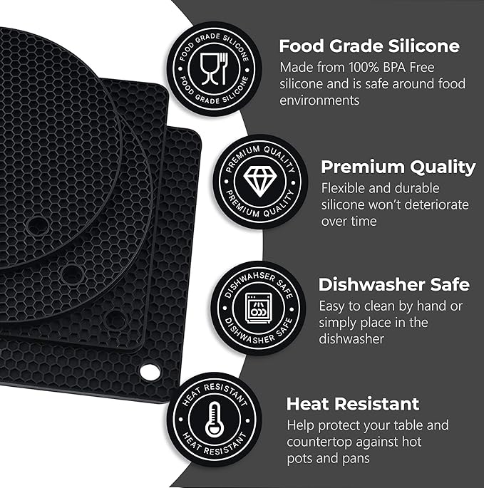 Silicone Trivets for Hot Dishes, Pots, Pans (4 Pack) - Heat-Resistant Pot Holders for Kitchen Countertop Mats - Silicone Trivet Mat - Multipurpose Counter Pads (Black)