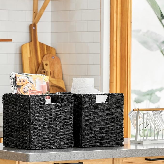 Vagusicc Storage Basket, Set of 2 Hand-Woven Storage Baskets for Organizing with Handles, Foldable Cube Storage Baskets Bins Organizer, 13 inch Large Wicker Baskets for Shelves & Decor, Black