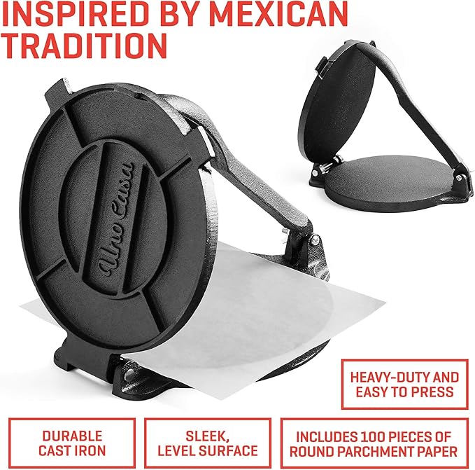 Uno Casa Cast Iron Tortilla Press 8 Inch - Bundle of Skillet for Roti / Comal Pan, Tawa / Dosa Pan Pataconera, Comales para Tortillas