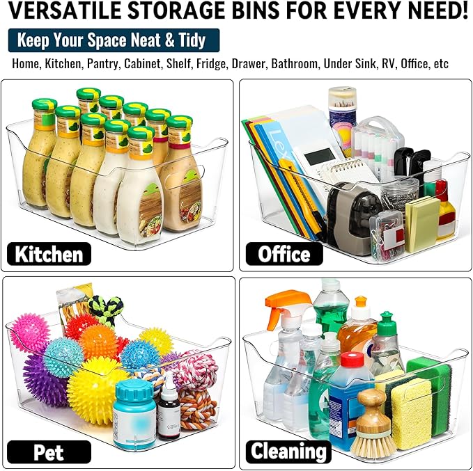 12 PACK Multi-Use Clear Plastic Storage Bins for Organizing w/ Labels - Home, Kitchen, Pantry, Bathroom, Office, Cabinet Shelf Organizer Bins - SOHO Collection, RV, Fridge Organization Containers -XL