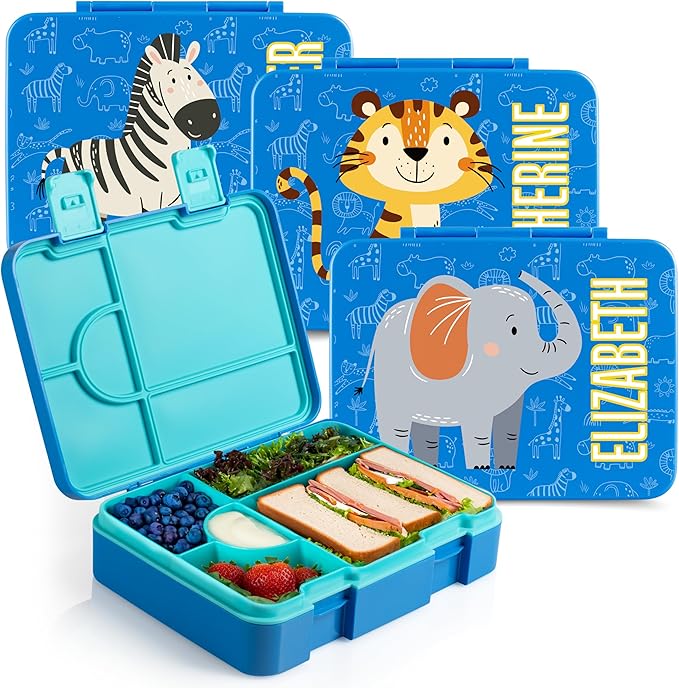 Personalized Bento Box for Kids with Safari Icon and Name - Royal Blue - 5 Compartments Drop-Proof Bento Box, Dishwasher Safe, Made with BPA-Free Materials, Bento Lunch Box for Kids and Toddlers