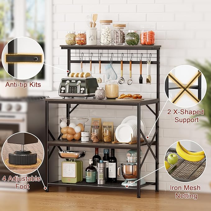 Furologee Kitchen Bakers Rack with Hutch,Coffee Stand with Storage 4 Tiers,Coffee Bar Station with a 31.5 Inch Larger Desktop and 8 S Hooks,Kitchen Microwave Rack for Spices,Pots,Rustic Brown