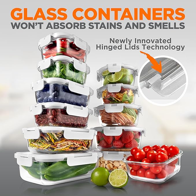 NutriChef Glass Food Storage Containers with Lids - 12 Piece Stackable Heavy Duty Meal Prep Containers - Mixed Sizes for Food, Snacks, Fruit & More - Microwave, Freezer, & Dishwasher Safe (White)