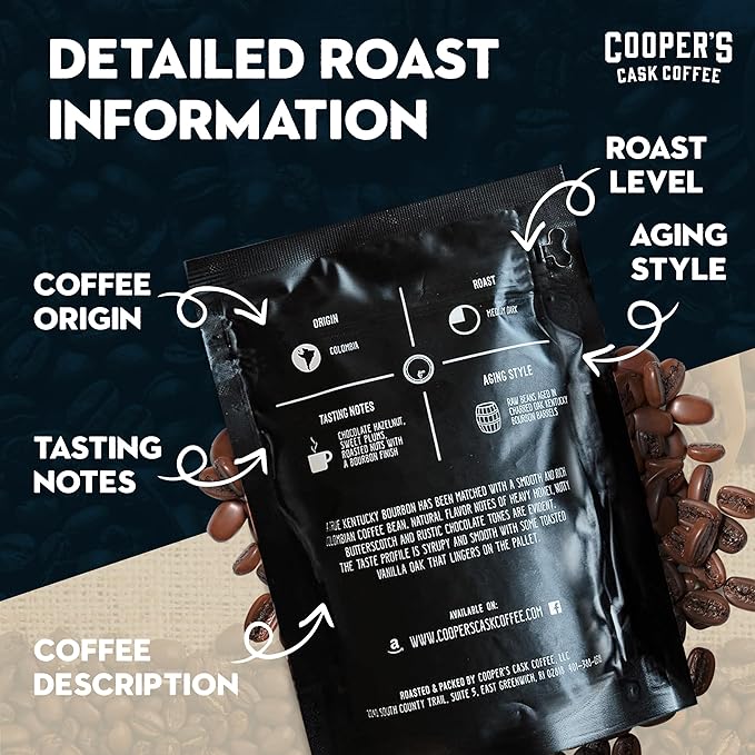 Bourbon & Whiskey Barrel Aged Coffee Box Set with Four Whole Bean Single Origin Coffees (Colombia, Sumatra, Ethiopia, Rwanda) Premium Small-Batch Gourmet Roasted Coffee Gift (Pack or 4)