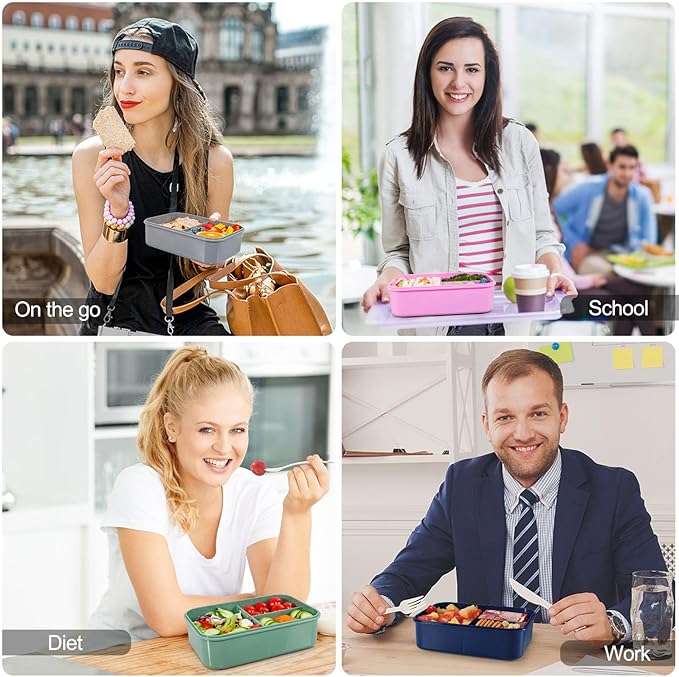 Caperci Classic Bento Box Adult Lunch Box for Older Kids - Leakpoof 47 oz 3-Compartment Lunch Containers for Adults and Teens, Built-in Utensil Set, Ideal for On-the-Go Balanced Eating, Gray