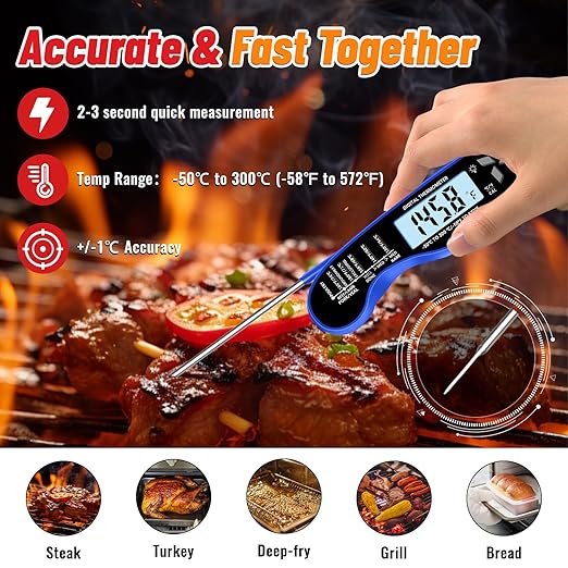 Meat Thermometer, IP67 Waterproof Digital Meat Thermometer with Backlight, Hold Function & Magnet for Grill, BBQ, Candy, Beef,Turkey，Gadgets Essentials BBQ Accessories,Mens Stocking Stuffers