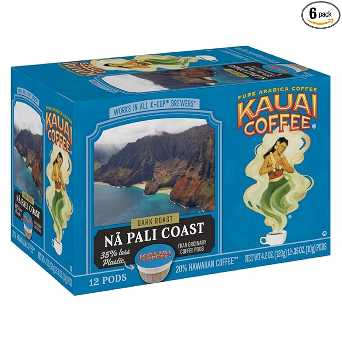Kauai Coffee Pods Compatible with K-Cup Pods for Keurig Brewers – 20% Hawaiian Arabica – Dark Roast, Rich, Smooth, No Bitterness – Na Pali Coast, 6 Packs of 12 Single Serve Cups
