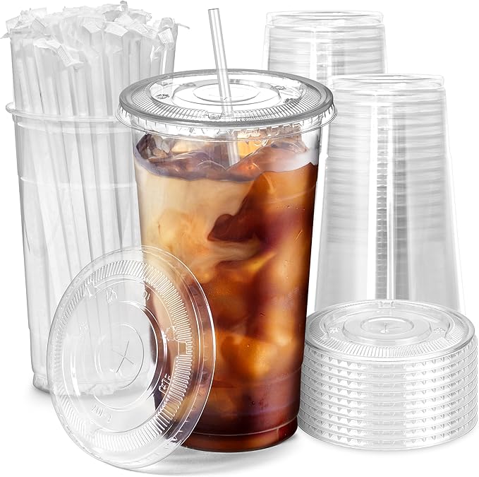 Fit Meal Prep 100 Pack 32 oz Plastic Iced Coffee Cups with Flat Lids and Clear Straws, Disposable Clear Cup, BPA Free Cup for Party, Smoothie, Cold Drinks, Juice, Milkshake, Bubble Boba, Tea