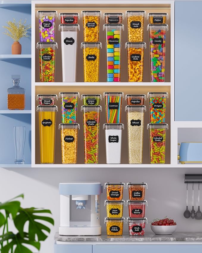 30 PCS Airtight Food Storage Containers with Lids, Kitchen Pantry Organization and Storage, BPA-Free Plastic Scale Food Canisters for Cereal, Flour, Sugar, Dry Food, Include Labels & Marker