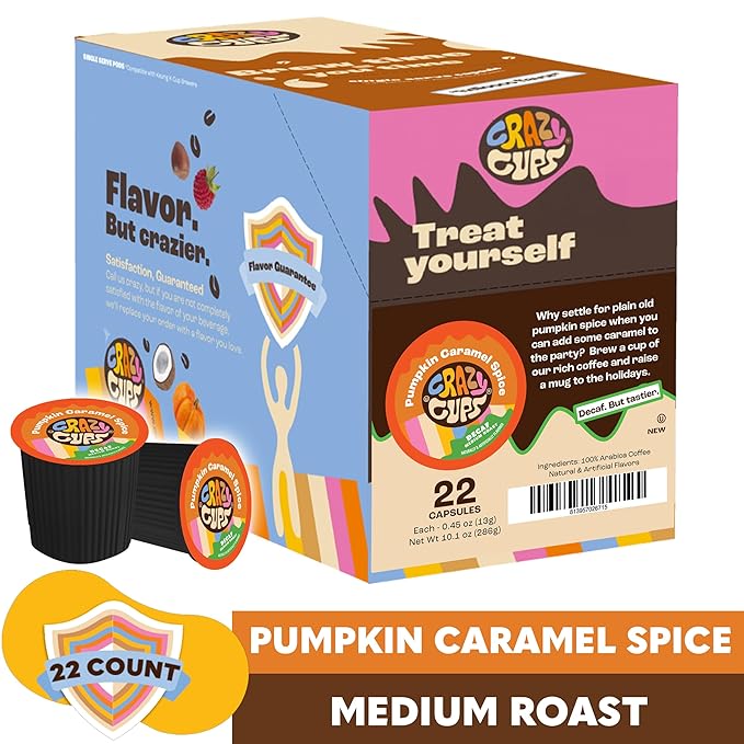 Crazy Cups Decaf Flavored Recyclable Single Serve Decaffeinated Pumpkin Caramel Spice Coffee Pods for Keurig K Cups Machines, Brew Hot or As Iced, 22 Count (Pack of 1)