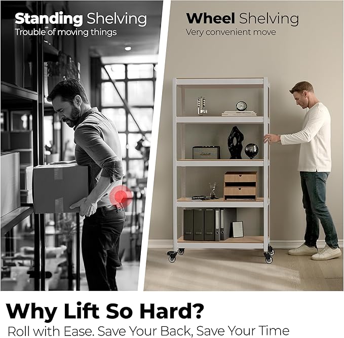 HOMEDANT House White 5-Tier Metal Rolling Cart Shelf Rack Casters Heavy Duty Wheel Shelving Unit Adjustable Utility Storage Shelves Organizer Shelf Kitchen Garage 24.4" W x 16.5" D x 62.2" H 2Pack