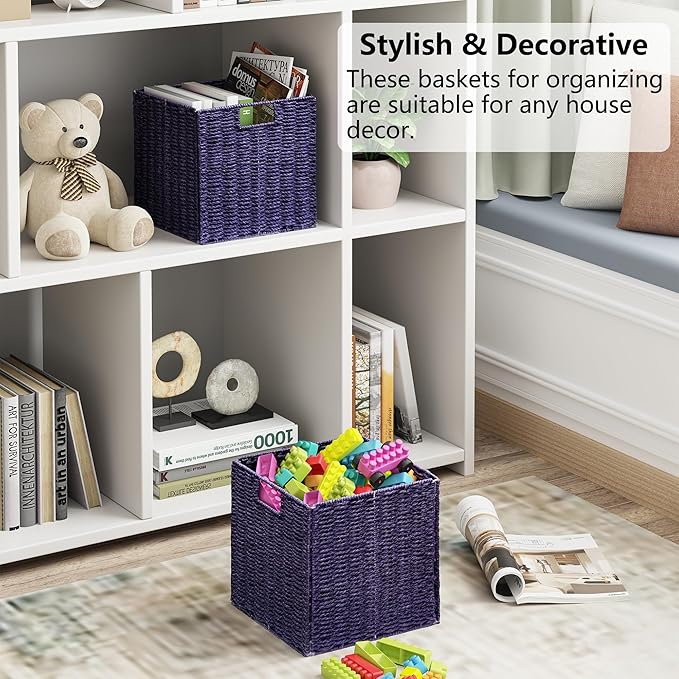 Vagusicc Wicker Storage Basket, Set of 2 Hand-Woven Paper Rope Wicker Basket, Foldable Cube Storage Bins, 9 inch Square Storage Baskets for Organizing Shelves & Decor, Purple (9″×9″×9″)