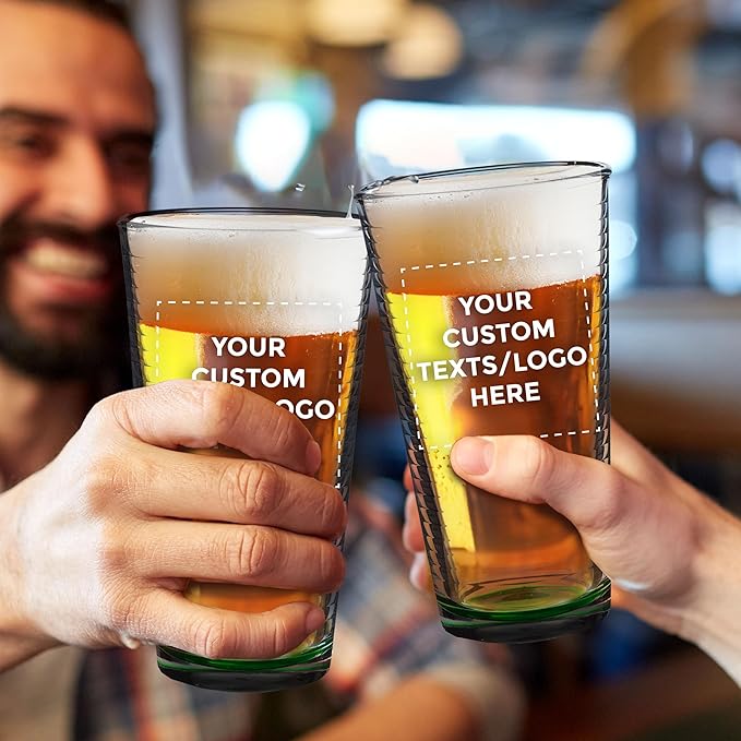 Custom Spiral Pint Glass 16 oz. Set of 10, Personalized Bulk Pack - Beer Glasses, Heavy Duty Drinkware - Green