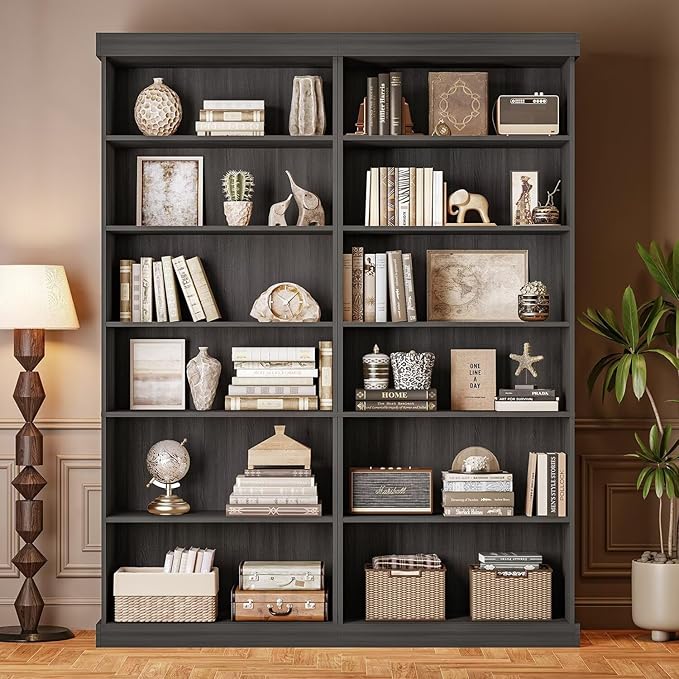 70.8" Tall Black Bookshelf, Farmhouse Modular Bookcase with 6-Tier Adjustable Shelves, Large Storage Cabinet for Home Office, Living Room, Set of 2