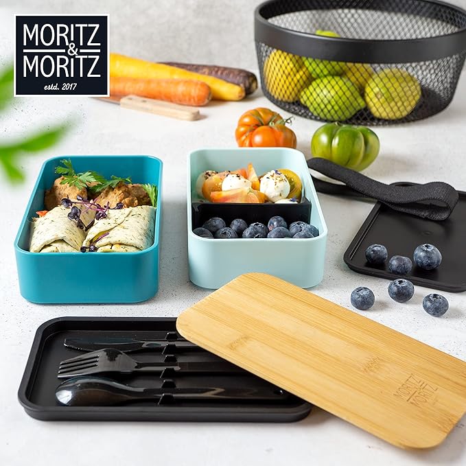 Premium Bento Box for Adults Blue – 2-Tier 46 oz Lunch Container Box with Bamboo Lid, BPA-Free & Leakproof, Microwave & Dishwasher Safe, Includes Food Divider & Cutlery – Ideal for Work & Travel