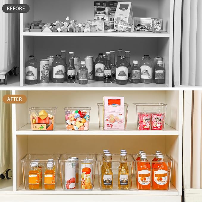 12 Pack Organizers and Storage, Pantry Organization and Storage Bins, Cabinet Organizer, Clear Plastic Storage Containers with Handle，Acrylic Storage Bins (4 Small&4 Middle&4 Large