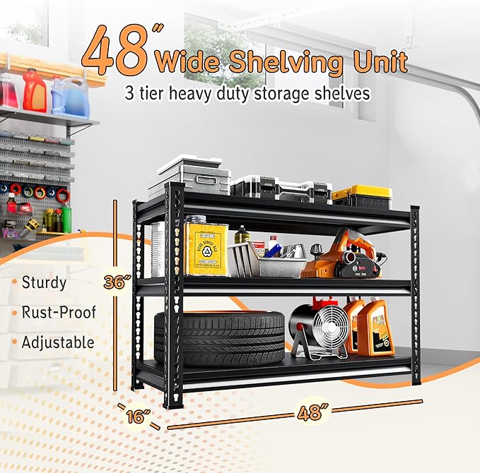 Adjustable Shelving Units and Storage, 48”W Garage Shelving Heavy Duty,1500LBS Loads 3-Tier Garage Storage Shelves, Metal Shelves for Living Room,Pantry,48”W×16”D×36”W,Black