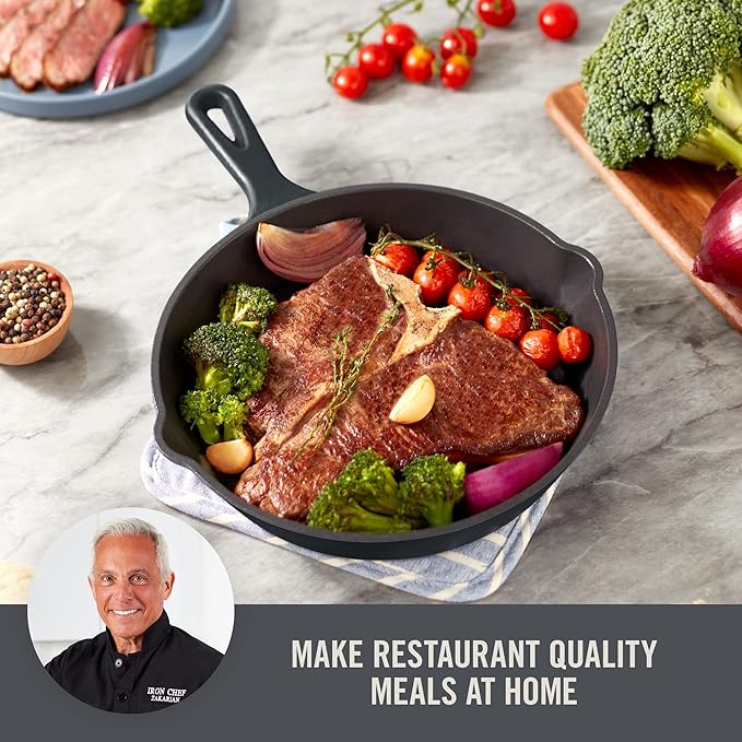 DASH Zakarian 7.5" Nonstick Cast Iron Skillet with Pour Spouts for Searing, Baking, Grilling, Roasting and More - Black
