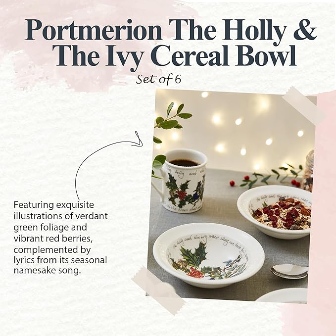 Portmeirion Holly and Ivy 6.5" Cereal Bowls (Set of 6) - Dishwasher & Microwave Safe Round Bowls, Hand-Decorated Earthenware, Everyday Breakfast Bowls for Holiday Dinnerware