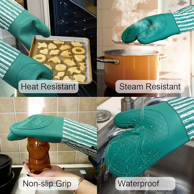 Silicone Oven Mitts Heat Resistant 932℉ with Waterproof & Non-Slip Kitchen Mittens, Set of 2 Extra Long Oven Gloves with Soft Cotton Terry Lining for Baking Cooking Barbecue (Emerald Green, 2)