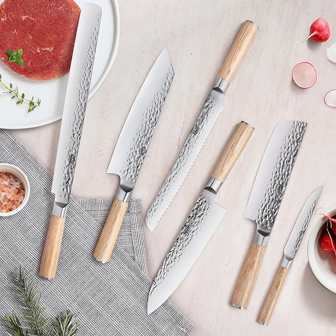 FINDKING 7PCS Kitchen Knife Set, with Wooden Magnetic Knife Holder, Elegant Japanese Chef Knives Set, Sharp Stainless Steel Blade, Pakka Wood Handle, for Daily Cooking (Michelia Series)