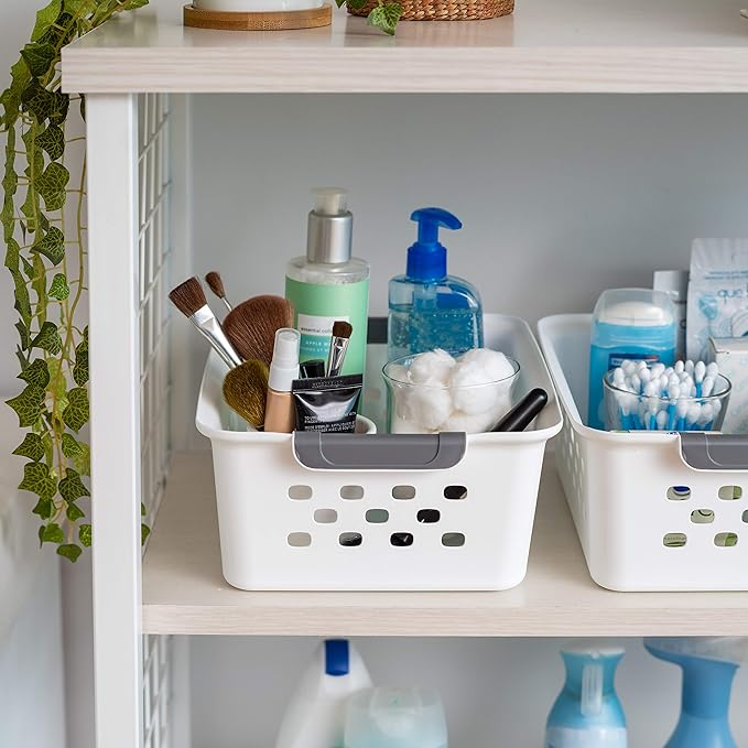 IRIS USA Plastic Basket, 8-Pack, Small, Shelves Storage Basket for Organizing Pantry Cabinet Bedroom Office Craft Room, White