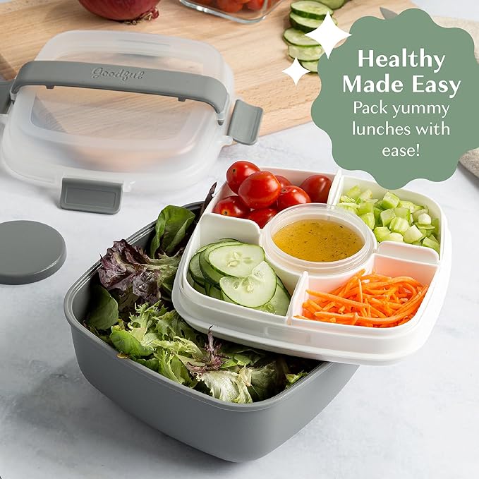 Goodful Stackable Lunch Box Container, Bento Style Food Storage with Removeable Compartments for Sandwich, Snacks, Toppings & Dressing, Leak-Proof and Made without BPA, 56-Ounce, Gray