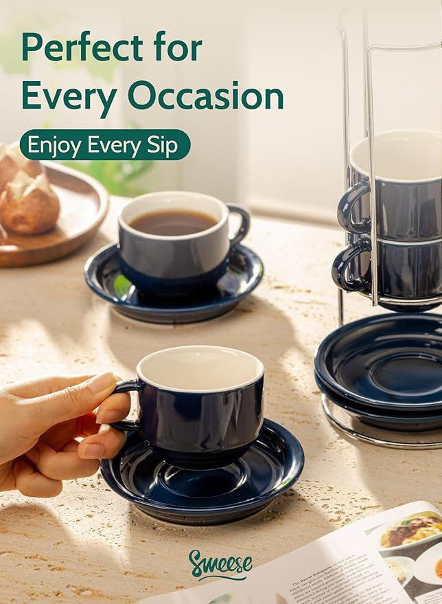 Sweese 8 Ounce Porcelain Stackable Cappuccino Cups with Saucers and Metal Stand - for Specialty Coffee Drinks, Cappuccino, Latte, Americano and Tea - Set of 4, Navy