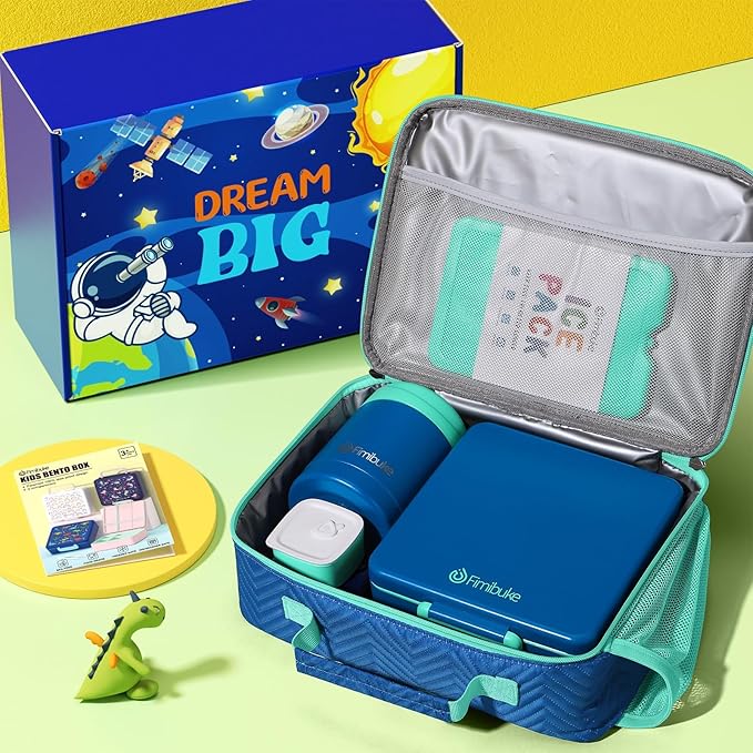 Fimibuke Kids Bento Snack Lunch Box with 4 Compartment, Insulated Bag, Stainless Steel Vacuum Thermos Food Jar, Ice Pack, Utensils Set, Birthday Gift for Age 3-12 Back to School Toddler Girl Boy Adult