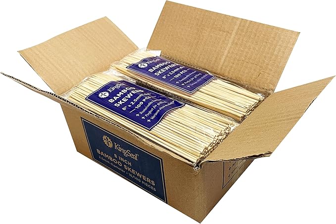 1600 Count | KingSeal Natural Bamboo Wood Grilling Skewers, 8 Inches x 2.5mm Diamter, for Shish Kebabs, BBQ, and Fruit Arrangements, Bulk Pack - 16 Packs x 100 Skewers