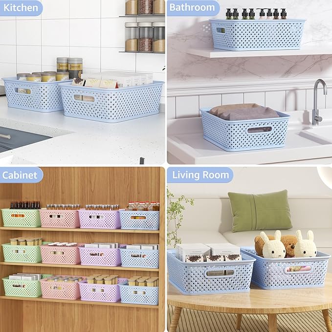 MaxGear Organization and Storage 3 Packs, Plastic Bins Organizer Bins, Woven Baskets for Storage, Plastic Baskets with Handles, Blue Basket for Organizing, Basket Organizer for Home and Office, Large