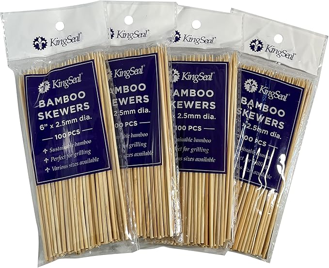 400 Count | KingSeal Natural Bamboo Wood Grilling Skewers for Shish Kebabs, BBQ, and Fruit Arrangements, 6 Inch x 2.5mm Diameter - 4 Packs x 100 Skewers